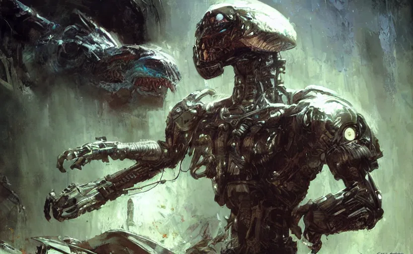 Image similar to cybernetic neo - predator mind transfer, sci - fi fantasy illustration by craig mullins