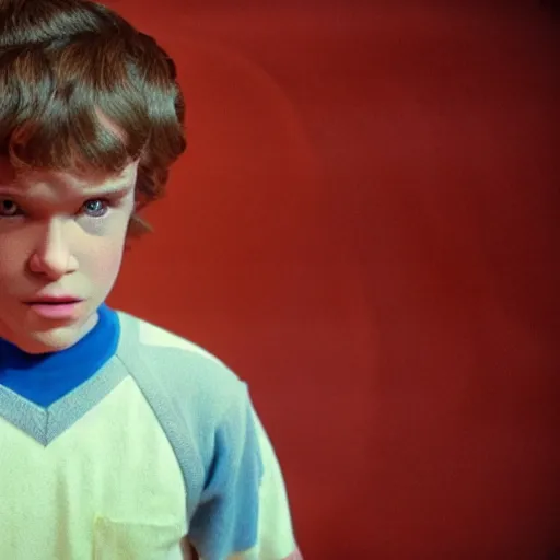 Prompt: film still of willem dafoe as Eleven in stranger things, 35mm kodachrome diffuse closeup, beauty shot, styleframe