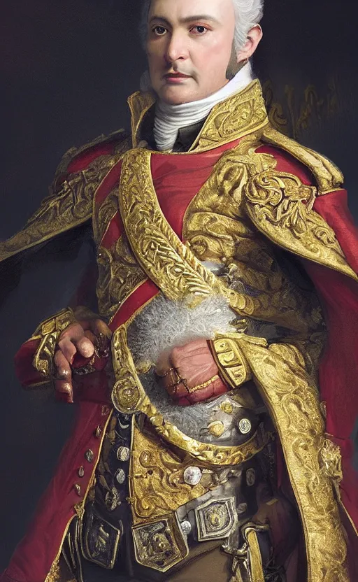 Image similar to Portrait of a 18th century King wearing royal attire, male, detailed face, napoleonic, highly detailed, cinematic lighting, digital art painting by greg rutkowski