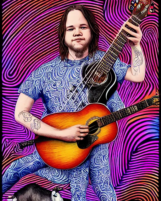 Prompt: Billy Strings with acoustic guitar on stage with goat, Conjuring Psychedelic Illustration by Alex Gray, ultra realistic, highly detailed, 8k, symmetry, fractals, vibrant,