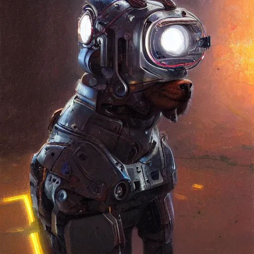 Image similar to tesla power armor realistic cyborg anthropomorphic jack russell terrier electric field glowing, cyberpunk, portrait art by donato giancola and greg rutkowski, realistic face, glowing in tesla electricity visible magnetic field, digital art, trending on artstation, symmetry