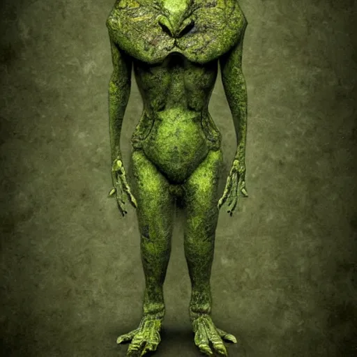 Image similar to fossilized humanoid creature covered with moss and rust, digital art