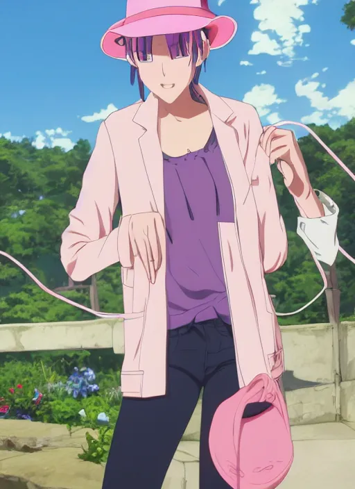 Image similar to a young woman, with a wavy short pink hair and pink fedora hat, wearing a light pink jacket with a dark blue tie, purple gloves and blue jeans shorts and white shoes. She is holding blue neon strings tied on her hand, rich vivid colors, ambient lighting, dynamic lighting, 4k, official media, anime key visual, makoto shinkai, ilya kuvshinov, lois van baarle, rossdraws, detailed, trending on artstation