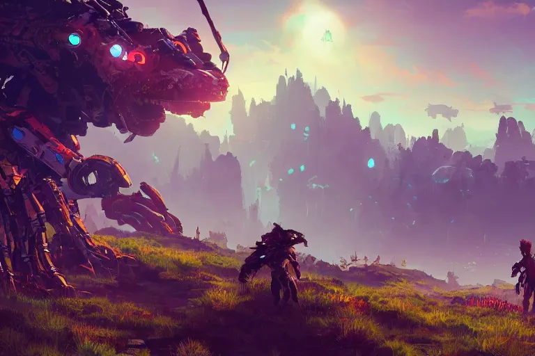 Image similar to watcher machine mecanical creature robot of horizon forbidden west horizon zero dawn radiating a glowing aura global illumination ray tracing hdr fanart arstation by ian pesty and alena aenami artworks in 4 k