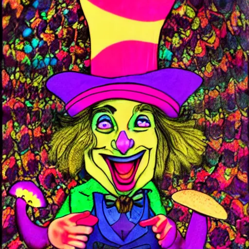 Image similar to A psychedelic vivid hallucination of the mad hatter eating himself while mushrooms dance around his head.