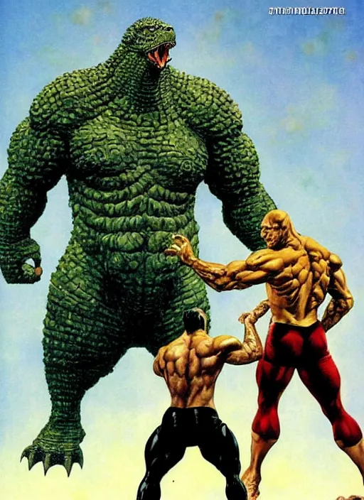 Prompt: full body and head single character portrait of martyn ford and godzilla hybrid as marvel mutant, dynamic action, painted by norman rockwell and phil hale and greg staples and tom lovell and frank schoonover and jack kirby