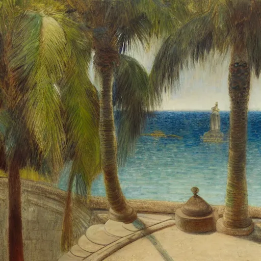 Image similar to a ultradetailed beautiful painting of a old fountain in the amazonas palace balustrade designed by jules bastien - lepage, tarsila do amaral, frank weston and gustave baumann, beach, trending on artstation, mediterranean, palm trees, sharp focus, soft light, 8 k 4 k