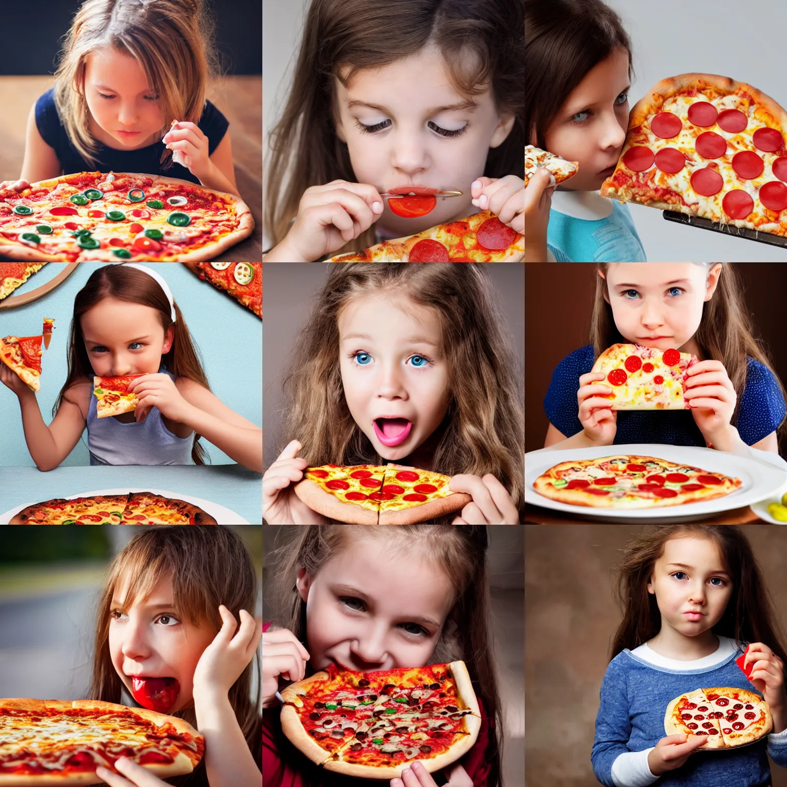 Prompt: a young girl eating a very tasty looking slice of pizza, professional photo, very detailed, realistic, intricate details