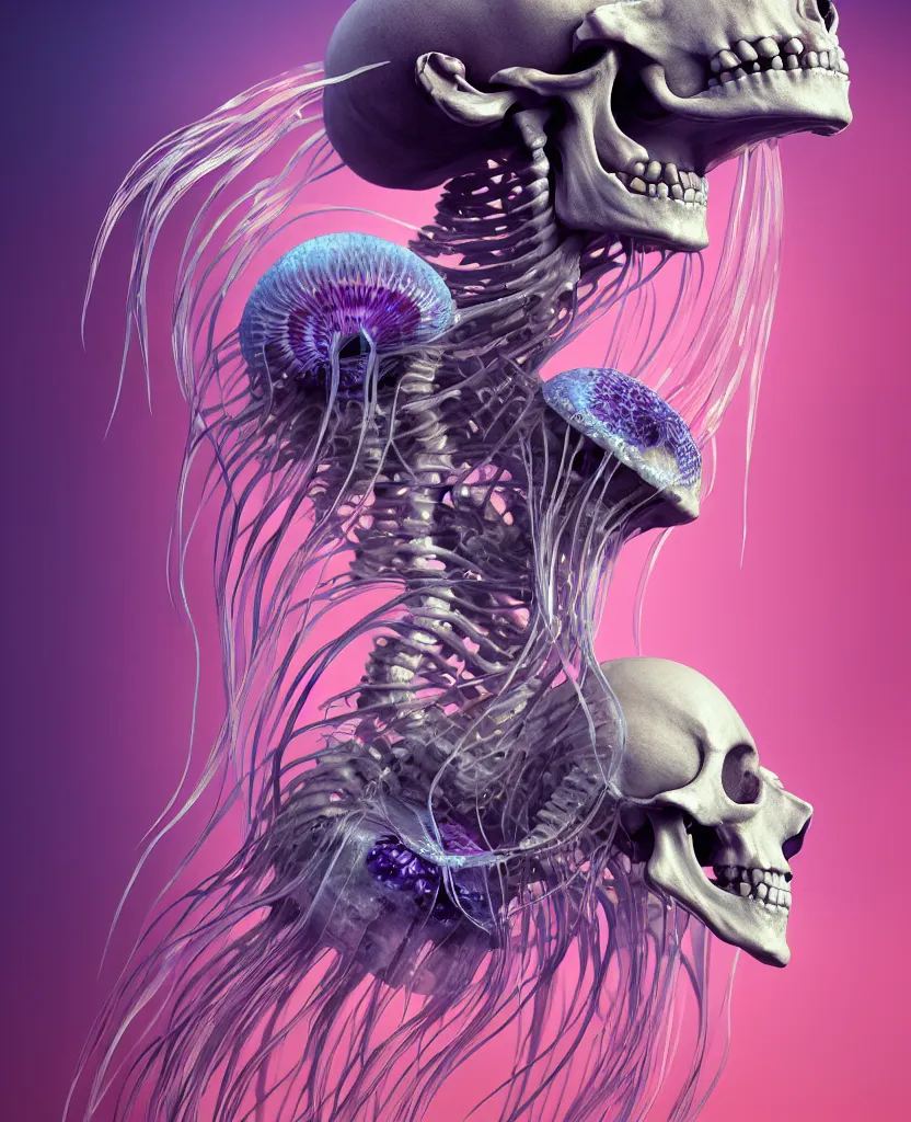 Image similar to goddess close - up portrait human skeleton, ram skull, jellyfish, orchid, betta fish, bioluminiscent, intricate artwork by tooth wu and wlop and beeple. octane render, trending on artstation, greg rutkowski very coherent symmetrical artwork. cinematic, hyper realism, high detail, octane render, 8 k