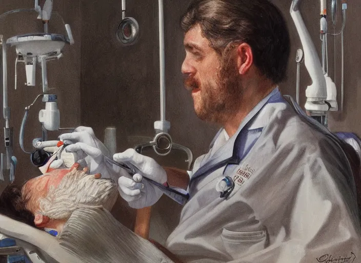 Image similar to a highly detailed universal portrait of a dentist, james gurney, james jean