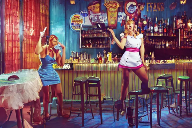 Prompt: singing waitress in a bar by david lachapelle