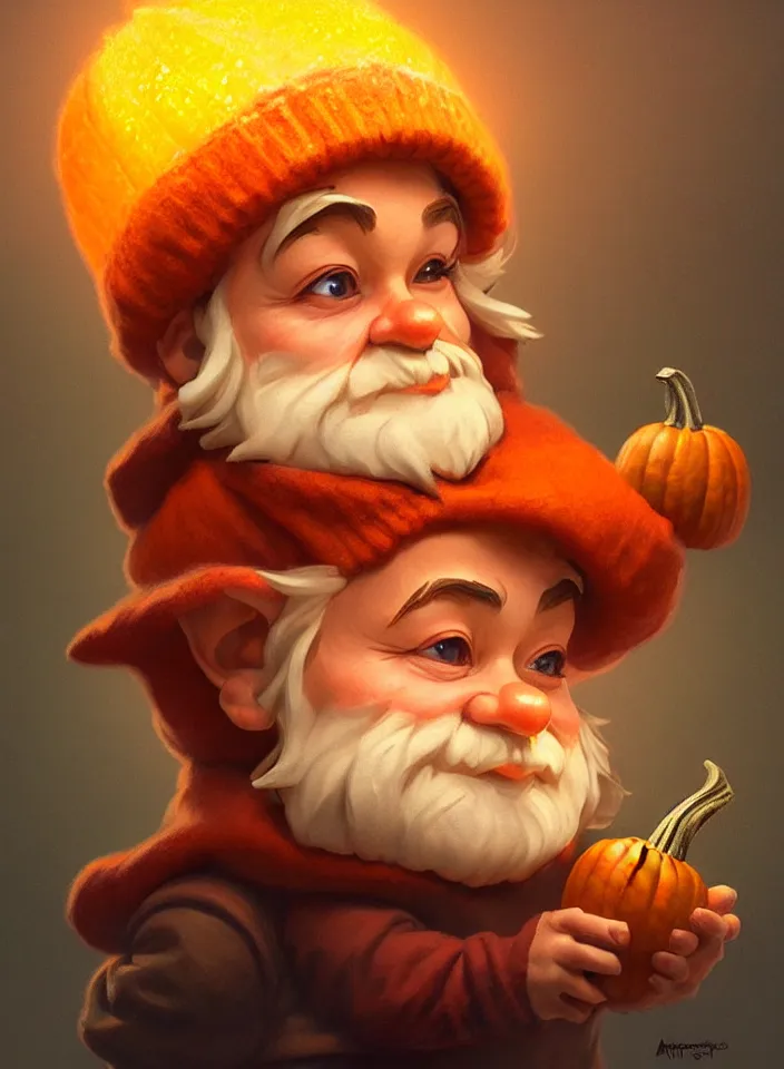 Image similar to hand drawn cute one gnomes face in autumn and pumpkin, detailed closeup face, concept art, low angle, high detail, warm lighting, volumetric, godrays, vivid, beautiful, trending on artstation, art by artgerm and greg rutkowski and alphonse mucha