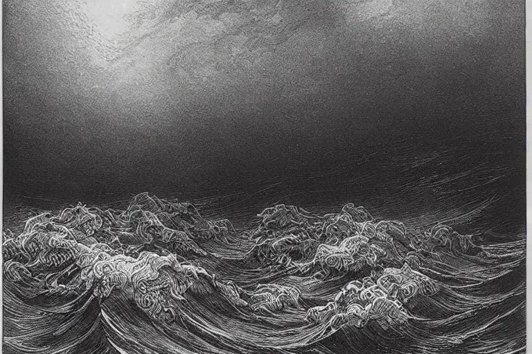 Image similar to black and white, close-up portrait of flowers drowning in the storm ocean, Gustave Dore lithography