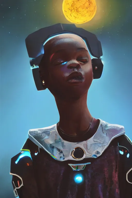 Image similar to a black kid playing with a futuristic robot in the nature, mixing solarpunk, afropunk, cyberpunk, ( ( ( ( volumetric light ) ) ) ), high angle, part by pearl fryar, part by prince damah, sunny day, trending on artstation, cinematic view, illustration, painting, realistic