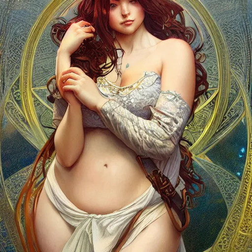 Prompt: portrait of a beautiful thick female, full body, D&D, fantasy, intricate, elegant, highly detailed, digital painting, artstation, concept art, smooth, sharp focus, illustration, art by artgerm and greg rutkowski and alphonse mucha