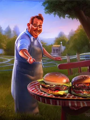 Image similar to a happy middle aged man fliping burgers in the grill on the lawn. intricate, elegant, highly detailed, digital painting, artstation, concept art, sharp focus, illustration, by justin gerard and artgerm, 8 k