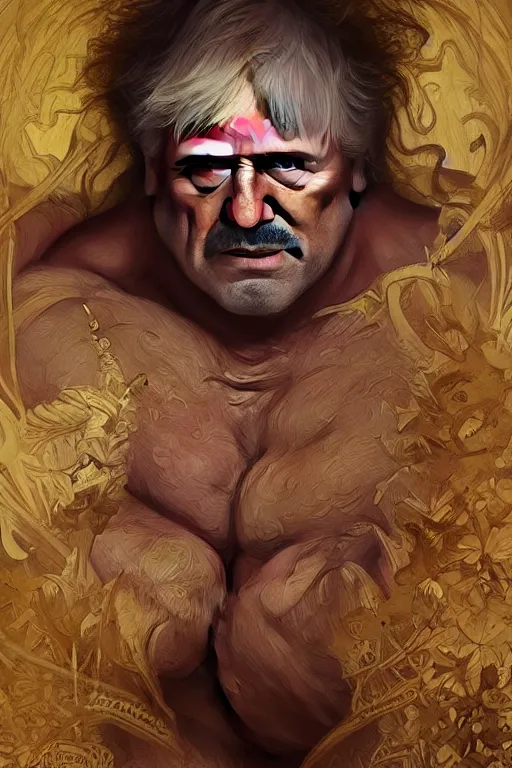 Image similar to portrait of boris johnson as a hulking herculean demon, forest, godlike, full body, fantasy, intricate, elegant, highly detailed, digital painting, artstation, concept art, sharp focus, illustration, art by artgerm and greg rutkowski and alphonse mucha