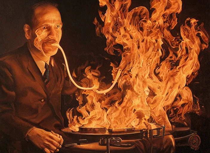 Prompt: a highly detailed flaming portrait of a dentist, james gurney, james jean