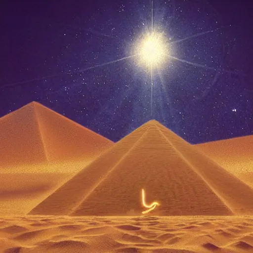 Image similar to lizard meditating in desert, pyramids, light shafts, wisps, sandstorm, light diffusion, godly, ascending, by moebius, digital art, beautiful, sacred, holy, surreal