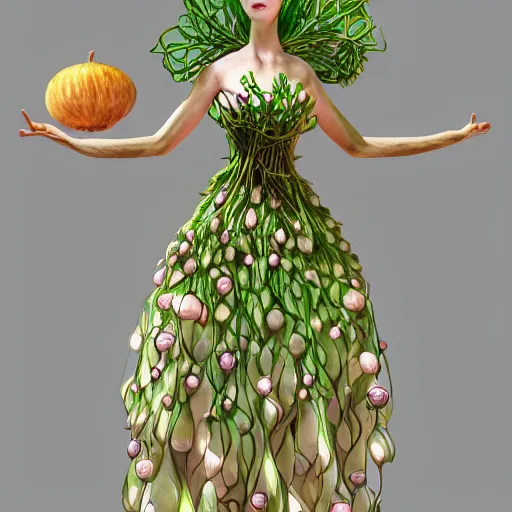 Image similar to cell shaded humanoid onion goddess, flower vine dress, crown, artstation, 4 k