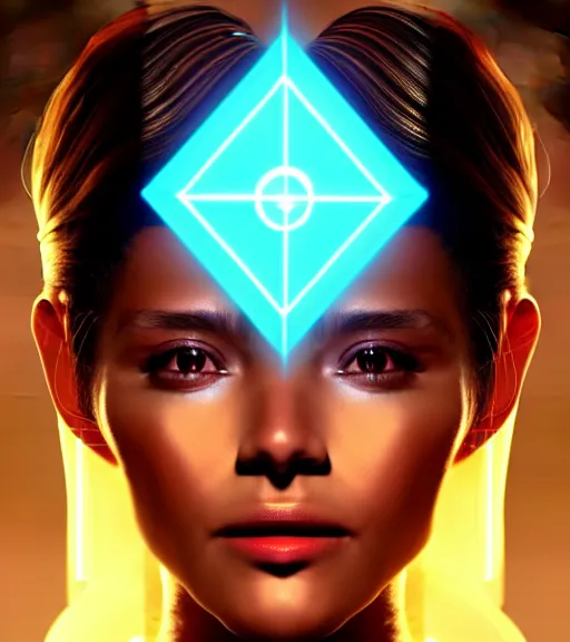 Image similar to symmetry!! spanish princess of technology, solid cube of light, hard edges, product render retro - futuristic poster scifi, lasers and neon circuits, beautiful brown skin woman spanish princess, intricate, elegant, highly detailed, digital painting, artstation, concept art, smooth, sharp focus, illustration, dreamlike, art by artgerm