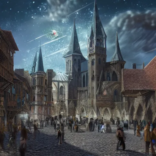 Prompt: A Huge high tech gem meteorite in the middle the plaza of a medieval city, beautiful, concept art, sharp focus, highly detailed, intricate, still, photograph, fantasy, medieval, midday, day, sunny, shimmering, realistic, 8k, award winning, trending on artstation, Dungeons and dragons, tabletop, in the style of Wizards of the coast