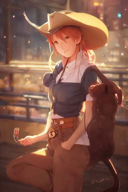 Image similar to a very cute cowgirl cat girl, single subject, scenic full shot, ambient lighting, detailed face, by makoto shinkai, stanley artgerm lau, wlop, rossdraws