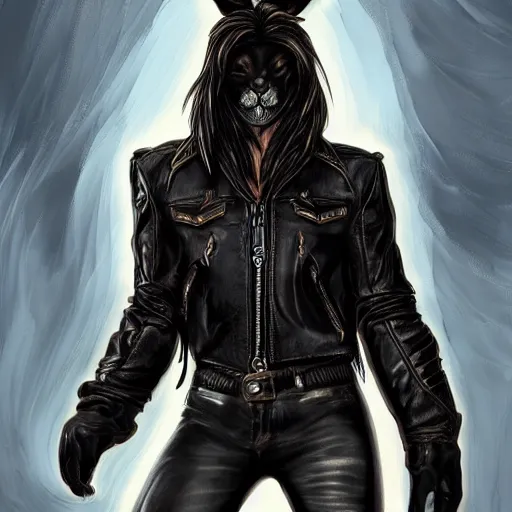 Prompt: A bunny wearing a fine intricate leather jacket and leather jeans and leather gloves, trending on FurAffinity, energetic, dynamic, digital art, highly detailed, FurAffinity, high quality, digital fantasy art, FurAffinity, favorite, character art