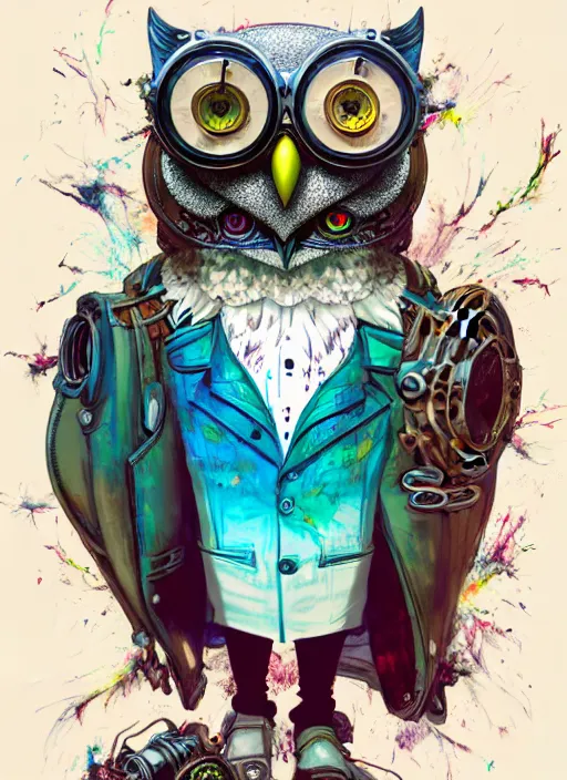 Image similar to anthropomorphic wise wealthy white - owl travels through time via steampunk portals, pixiv fanbox, dramatic lighting, maximalist pastel color palette, splatter paint, pixar and disney exploded - view drawing, graphic novel by fiona staples and dustin nguyen, peter elson, alan bean, wangechi mutu, clean cel shaded vector art, trending on artstation