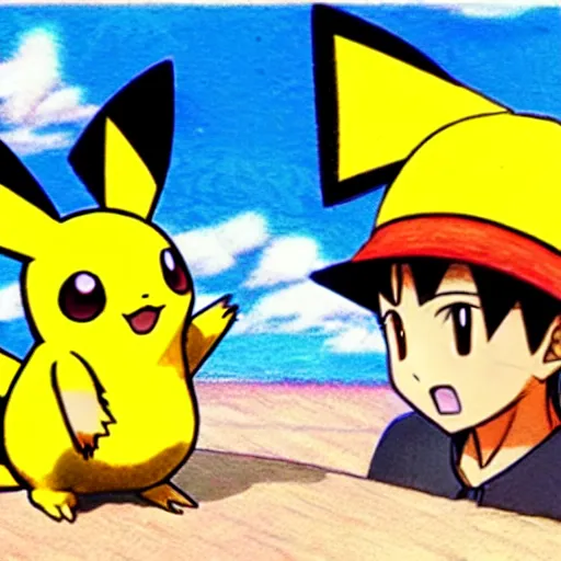 Prompt: Pichu Pokemon anime wearing a straw hat by Ken Sugimori