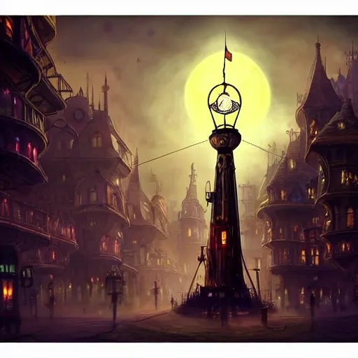 Prompt: a beautiful stunning fantasy whimsical matte digital illustration of a scene of a steampunk hot - air balloon over a lit steampunk!! city at night by marc simonetti, pastel color palette, disney magic the gathering steampunk!!!, chiaroscuro magical! bokeh moon stars dramatic romantic! epic breathtaking, clock tower,, trending on artstation hq, masterpiece