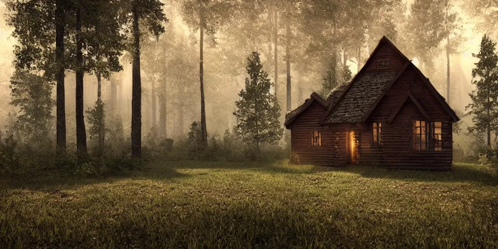 Image similar to a cottage in the woods and empty woods, 8k, fantasy, hyper realistic, dramatic lighting, cinematic