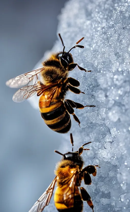 Image similar to the last bee entrapped under a sheet of ice, beautiful macro photography, cold ambient light