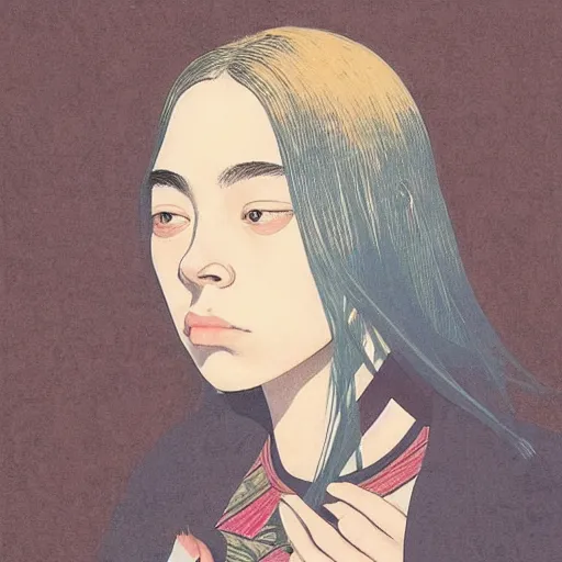 Image similar to “ billie eilish portrait by ikenaga yasunari and ayana otake and ko rakusui, 6 0 s poster, drawing, realistic, sharp focus, japanese, dreamy, nostalgia, faded, golden hues, floral clothes ”