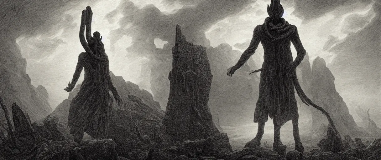 Image similar to an engraving portrait of nyarlathotep, lovecraftian atmosphere, caspar david friedrich, foggy, depth, strong shadows, stormclouds, illuminated focal point, highly detailed