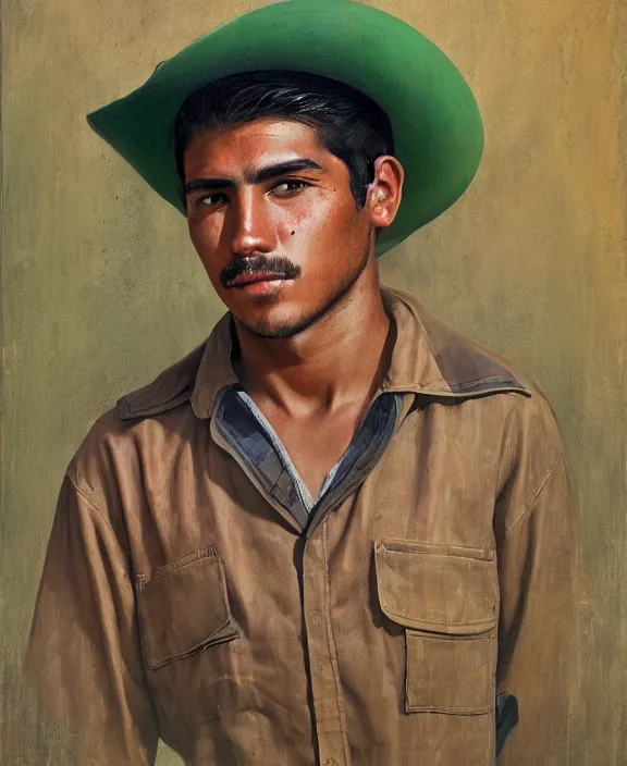 Image similar to heroic portrait of a handsome young mexican farmer, art by denys tsiperko and bogdan rezunenko, hyperrealism