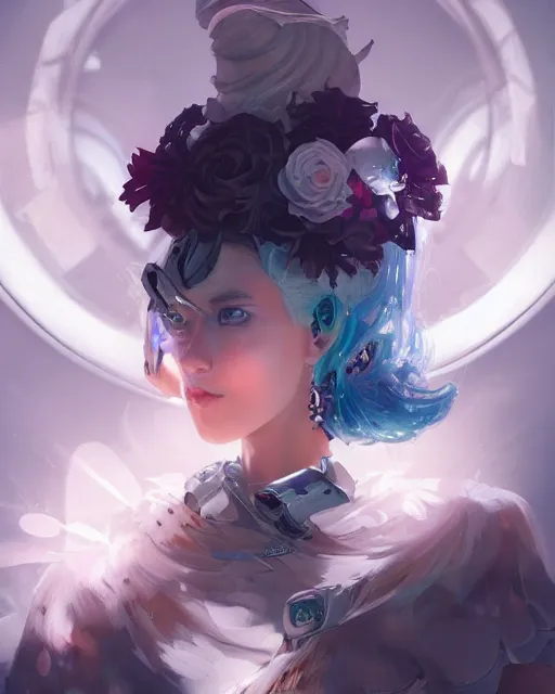 Prompt: cyborg girl with white hair and black skirt, flower decorations, dreamy, beautiful illustration, scifi, atmosphere, top lighting, blue eyes, focused, perfect composition, artstation, highly detailed, art by yuhong ding and chengwei pan and serafleur and ina wong