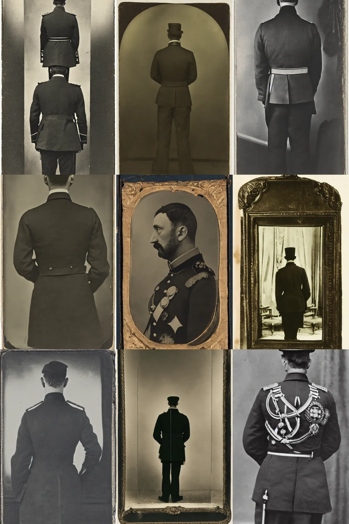 Prompt: daguerrotype of Francisco Franco turning around and looking his back in a triple mirror