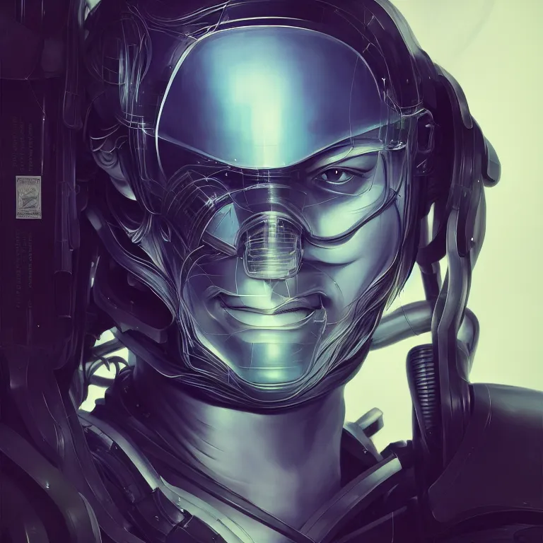 Image similar to 2 0 7 7 prototype exoskeleton portrait with ribbed jshzh face by rutkowsky and charles vess and james jean and erik jones and rhads, inspired by ghost in the shell, 3 d octane render, beautiful fine face features, intricate high details, sharp, ultradetailed, artistic photography