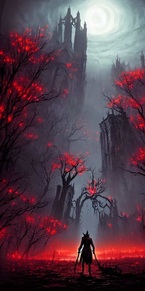 Prompt: abandoned bloodborne old valley with a person at the centre and a ruined gothic city at the end, trees and stars in the background, falling red petals, epic red - orange moonlight, perfect lightning, wallpaper illustration by niko delort and kentaro miura, 4 k, ultra realistic