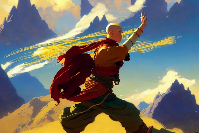 airbending nomad in the mountains, airbenders are Stable Diffusion