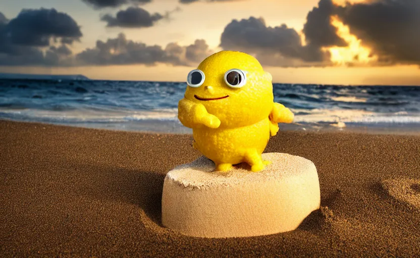 Image similar to 5 0 mm photograph, of a real anthropomorphic lemon character, fit body, with lemon skin texture, it is wearing a hat and scuba diving, building a sandcastle on the beach at sunset, beach, huge waves, sun, clouds, tropical trees, rim light, cinematic photography, professional, sand, sandcastle, volumetric lightening