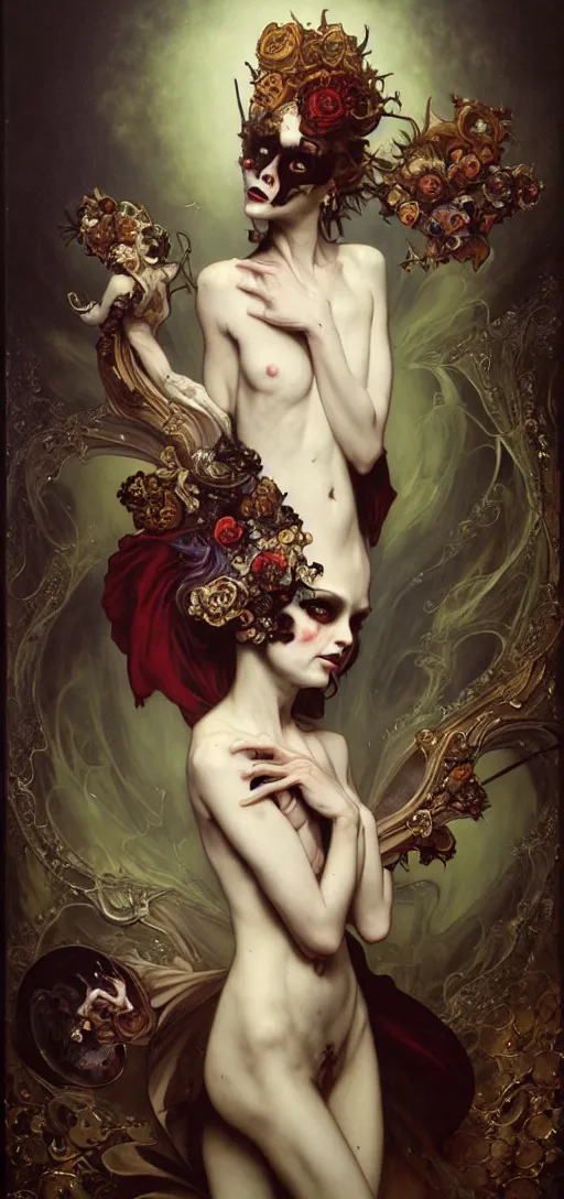 Image similar to baroque oil painting of full body vampire princess portrait, by nekro, peter mohrbacher, alphonse mucha, brian froud, yoshitaka amano, kim keever, victo ngai, james jean