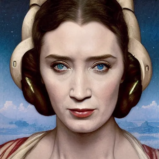 Prompt: headshot of emily blunt as princess leia in star wars by william bouguereau and louis rhead