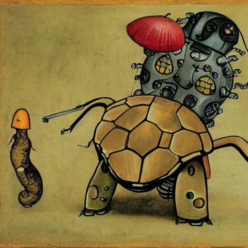 Prompt: robotic turtle, Hieronymus Bosch art style