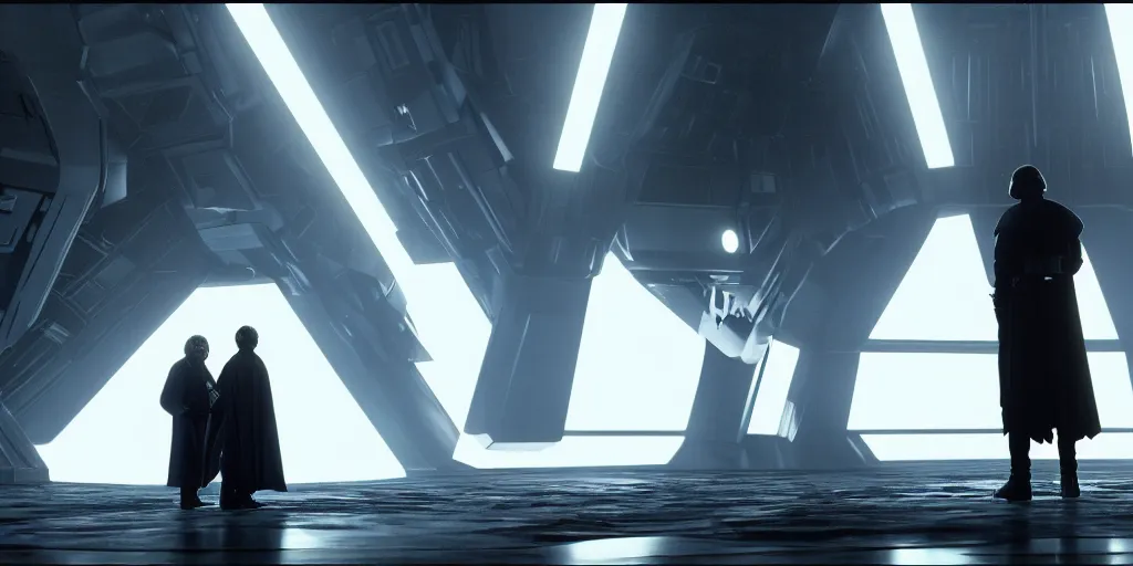 Image similar to luke skywalker and darth vadar standing facing eachother in the throne room of the death star. A table between them with a single kyber crystal resting upon it. Hyper realism, detailed, star wars, lighting, 8k, photo