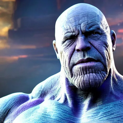 Prompt: Jonathan Banks as Thanos, HD promotional screenshot from new Avengers film, 8k ultra realistic, Marvel animation