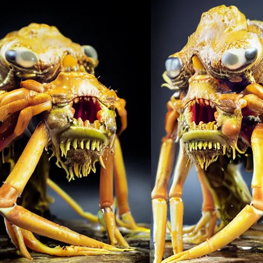 Image similar to photo taken of an epic intricate, ultra detailed, super realistic sculpture of a wet slimy nightmarish hellish demonic dead human head sprouting crab legs animatronic on display in a workshop, created by weta workshop, photorealistic, sharp focus, f 0. 4, face centred, macro photography, golden ratio, golden hour