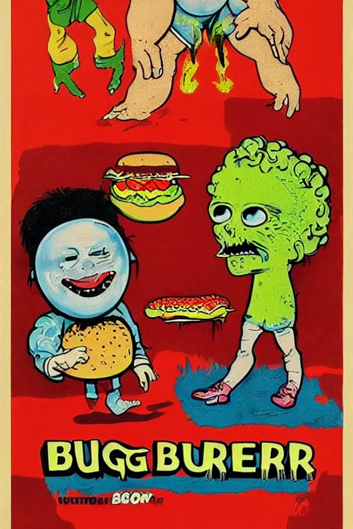 Image similar to burger monster, vintage kids horror movie poster