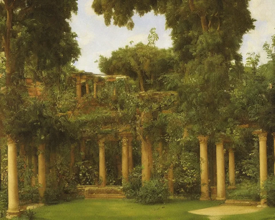 Prompt: an achingly beautiful oil painting of the lush interior garden of a Roman villa by Raphael and Hopper.